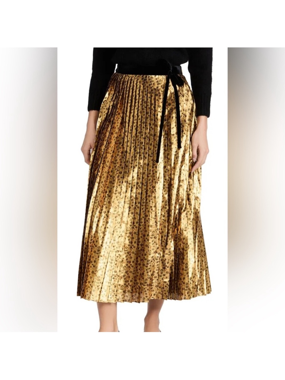 LoveShackFancy Gold Metallic Floral Pleated Midi Skirt | size 4